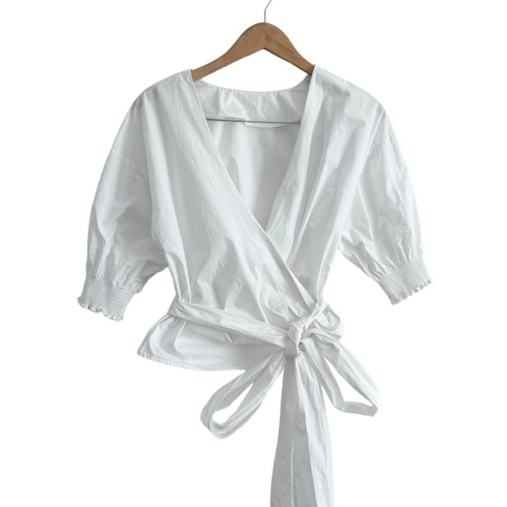Aritzia Babaton White Wrap Cropped Poplin Cotton Blouse
